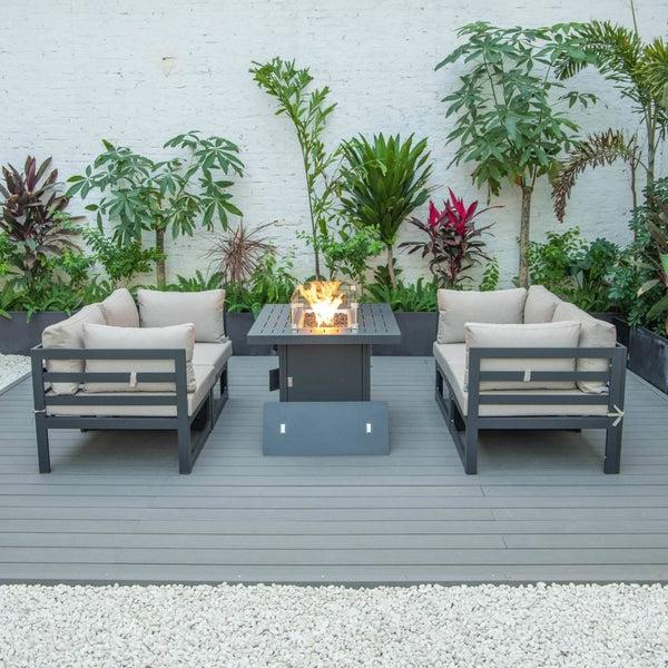 Leisure Mod Chelsea 5-Piece Sectional Loveseat And Fireplace Set Black Aluminum With Cushions