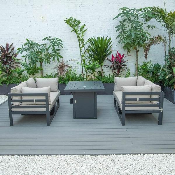 Leisure Mod Chelsea 5-Piece Sectional Loveseat And Fireplace Set Black Aluminum With Cushions