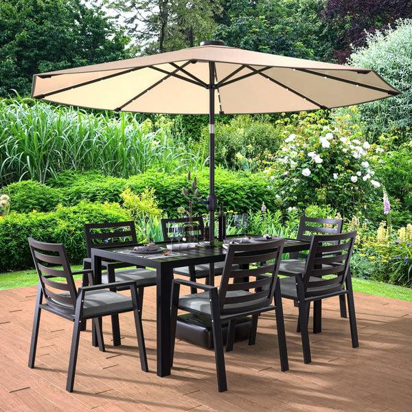 Leisure Mod Chelsea 7-Piece Modern Outdoor Dining Set In Black Aluminum With Removable Cushions