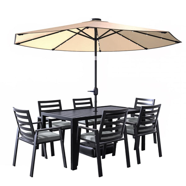 leisure mod Chelsea 7-Piece Modern Outdoor Dining Set in Black Aluminum with Removable Cushions leisure mod Chelsea 7-Piece Modern Outdoor Dining Set in Black Aluminum with Removable Cushions