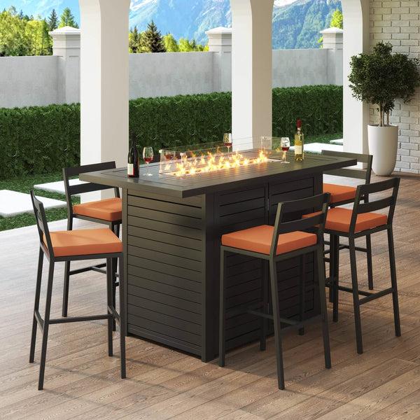 Leisure Mod Chelsea 7-Piece Patio Bar Set: Aluminum Fire Pit Table With Tank Holder & 6 Barstools With Cushions