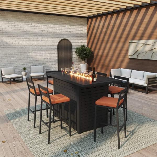 Leisure Mod Chelsea 7-Piece Patio Bar Set: Aluminum Fire Pit Table With Tank Holder & 6 Barstools With Cushions