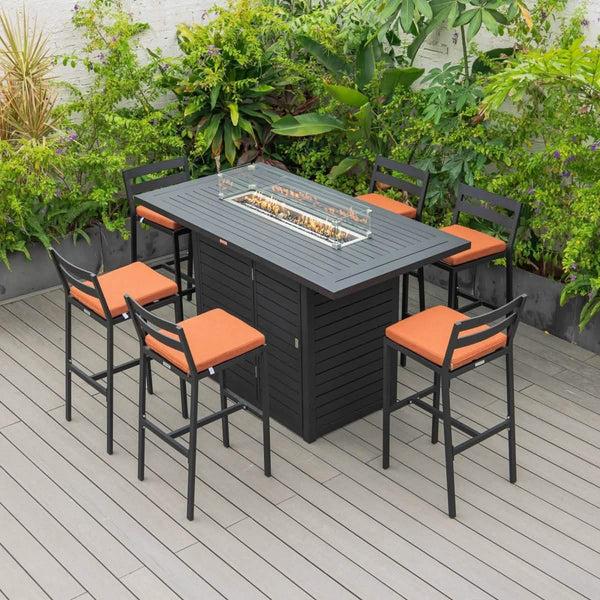 Leisure Mod Chelsea 7-Piece Patio Bar Set: Aluminum Fire Pit Table With Tank Holder & 6 Barstools With Cushions