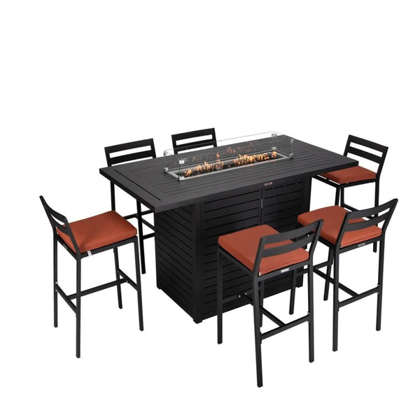 leisure mod Chelsea 7-Piece Patio Bar Set: Aluminum Fire Pit Table with Tank Holder & 6 Barstools with Cushions leisure mod Chelsea 7-Piece Patio Bar Set: Aluminum Fire Pit Table with Tank Holder & 6 Barstools with Cushions