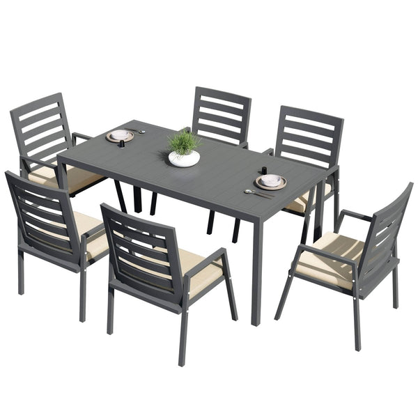 leisure mod Chelsea 7-Piece Patio Dining Set 78-118" Wide Rectangular Extendable Aluminum Dining Table and 6 Dining Armchair