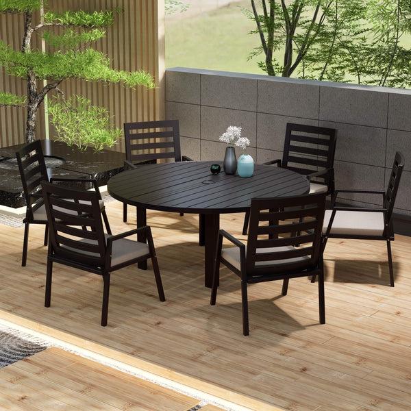 Leisure Mod Chelsea 7-Piece Patio Dining Set With 60" Round Aluminum Dining Table And 6 Dining Armchair