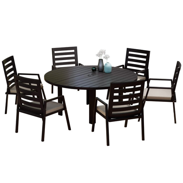 leisure mod Chelsea 7-Piece Patio Dining Set with 60" Round Aluminum Dining Table and 6 Dining Armchair