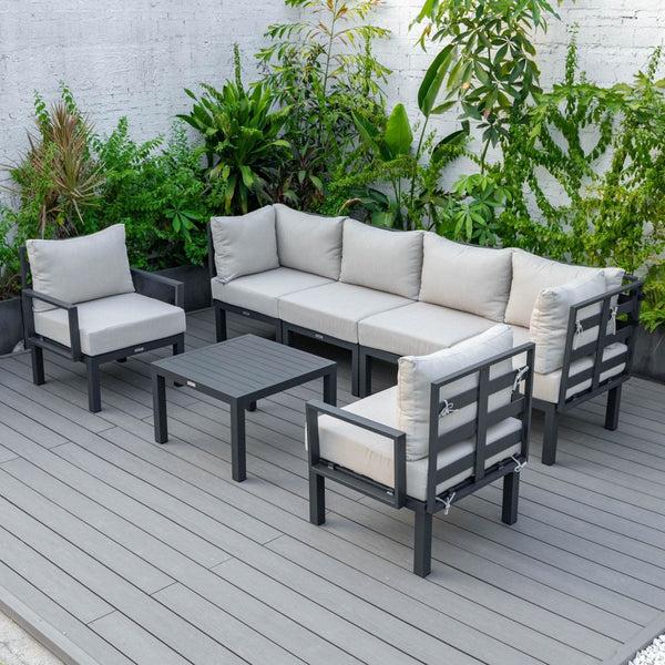 Leisure Mod Chelsea 7-Piece Patio Sectional And Coffee Table Set In Aluminum With Cushions