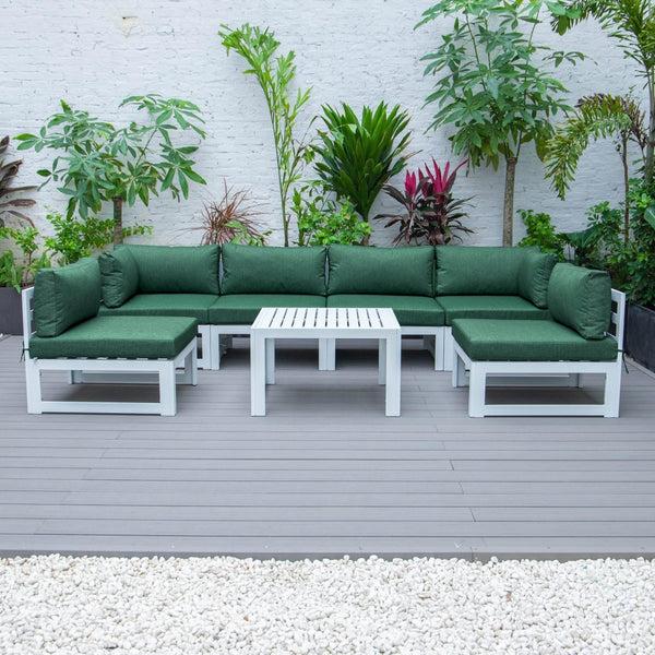 Leisure Mod Chelsea 7-Piece Patio Sectional And Coffee Table Set In Aluminum With Cushions