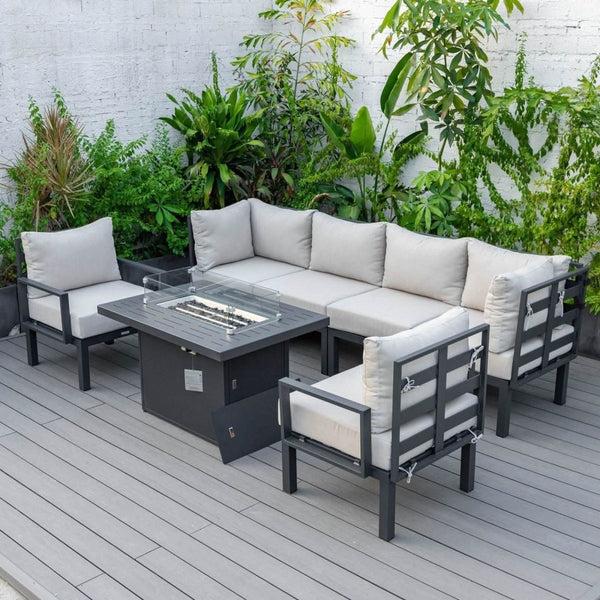 Leisure Mod Chelsea 7-Piece Patio Sectional Set In Black Aluminum With Fire Pit Table