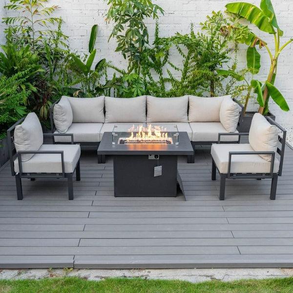 Leisure Mod Chelsea 7-Piece Patio Sectional Set In Black Aluminum With Fire Pit Table