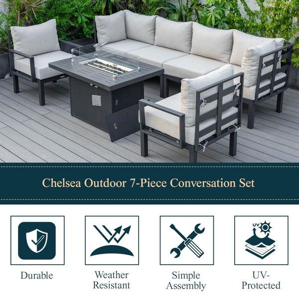 Leisure Mod Chelsea 7-Piece Patio Sectional Set In Black Aluminum With Fire Pit Table