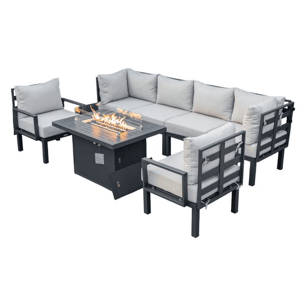leisure mod Chelsea 7-Piece Patio Sectional Set in Black Aluminum with Fire Pit Table