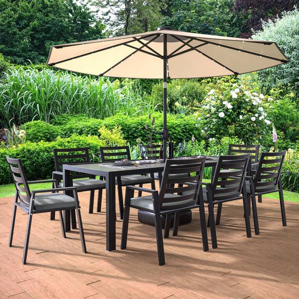 Leisure Mod Chelsea 9-Piece Modern Outdoor Dining Set In Black Aluminum With Removable Cushions