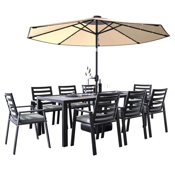 leisure mod Chelsea 9-Piece Modern Outdoor Dining Set in Black Aluminum with Removable Cushions leisure mod Chelsea 9-Piece Modern Outdoor Dining Set in Black Aluminum with Removable Cushions