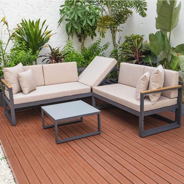 Leisure Mod Chelsea Black/White Sectional With Adjustable Headrest & Coffee Table With Cushions