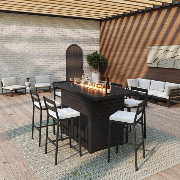 Leisure Mod Chelsea Rectangular Aluminum Fire Pit Bar Table With Lid Glass Guard And Tank Holder
