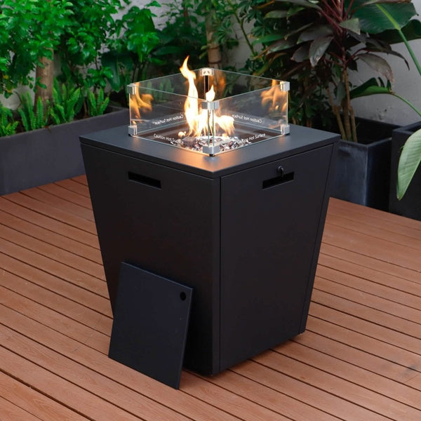 Leisure Mod Chelsea Steel Fire Pit Table With Tempered Glass Wind Guard And Lid