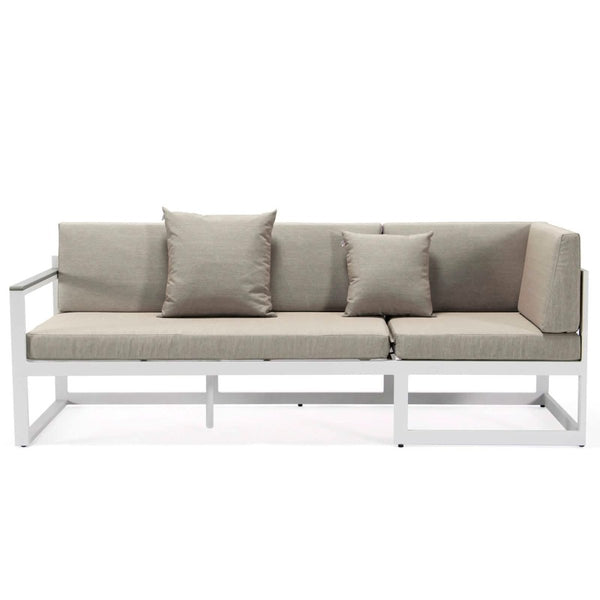 Leisure Mod Chelsea White Sectional With Adjustable Headrest & Coffee Table With Cushions
