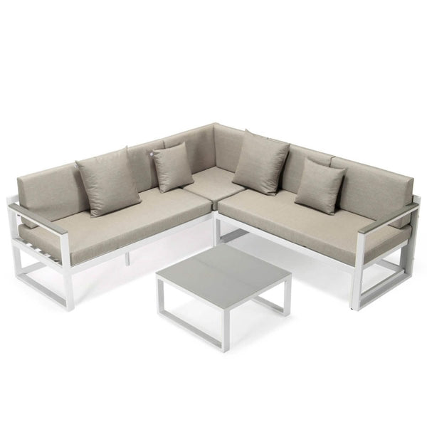 leisure mod Chelsea White Sectional With Adjustable Headrest & Coffee Table With Cushions