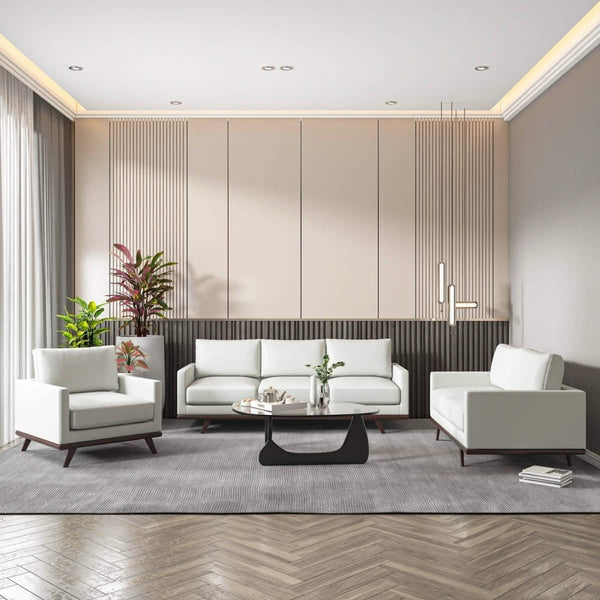 Leisure Mod Chester 3-Piece Leather Living Room Sofa Set With Birch Wood Base