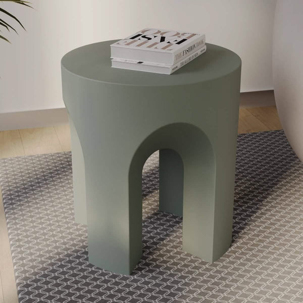 Leisure Mod Crus Fiberstone Outdoor Side Table With Arched Base Design