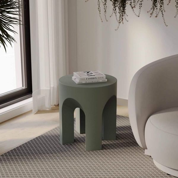 Leisure Mod Crus Fiberstone Outdoor Side Table With Arched Base Design