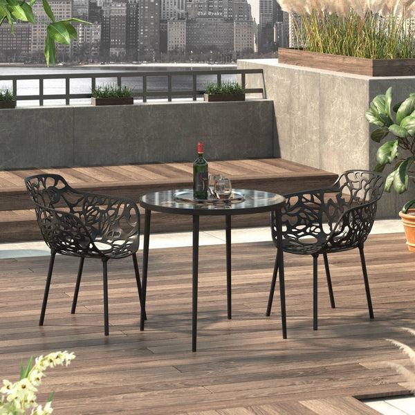 Leisure Mod Devon 3-Piece Patio Dining Set: Aluminum Table With Glass Top & 2 Flower Arm Chairs
