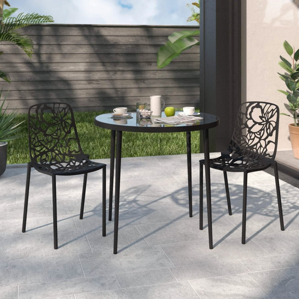 Leisure Mod Devon 3-Piece Patio Dining Set: Aluminum Table With Glass Top & 2 Stackable Flower Chairs