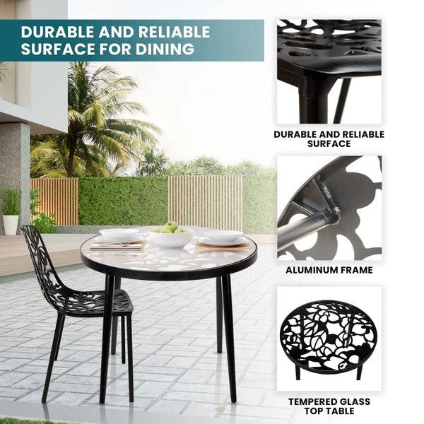 Leisure Mod Devon 3-Piece Patio Dining Set: Aluminum Table With Glass Top & 2 Stackable Flower Chairs
