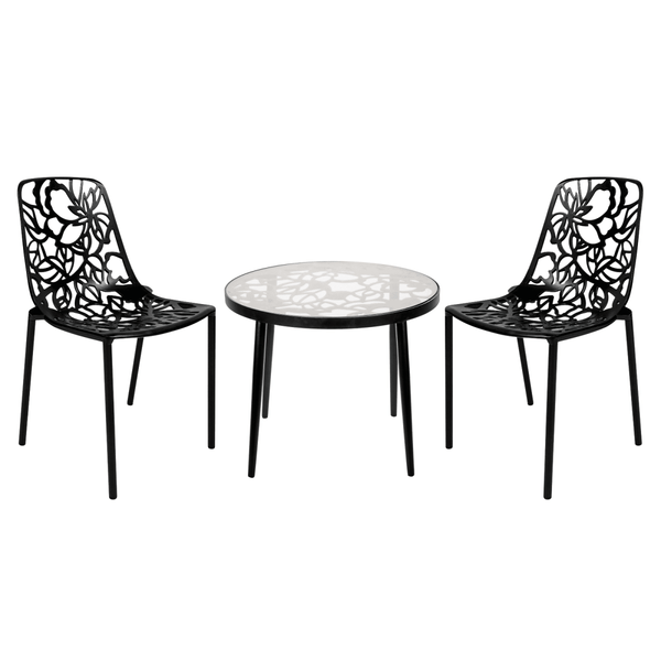 leisure mod Devon 3-Piece Patio Dining Set: Aluminum Table with Glass Top & 2 Stackable Flower Chairs