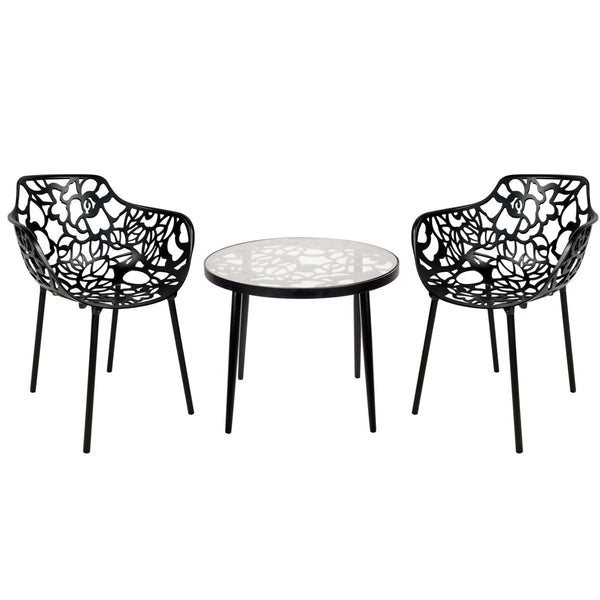 leisure mod Devon 3-Piece Patio Dining Set: Aluminum Table with Glass Top & 2 Flower Arm Chairs