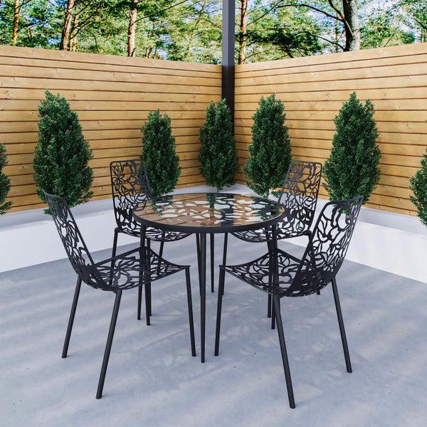 Leisure Mod Devon 5-Piece Patio Dining Set: Aluminum Table With Glass Top & 4 Stackable Flower Chairs
