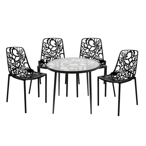leisure mod Devon 5-Piece Patio Dining Set: Aluminum Table with Glass Top & 4 Stackable Flower Chairs