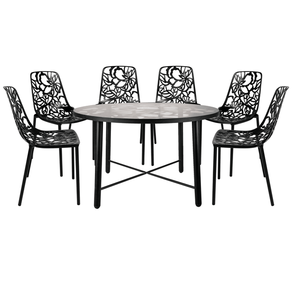 leisure mod Devon 7-Piece Outdoor Dining Set: Aluminum Table with Glass Top & 6 Stackable Flower Chairs leisure mod Devon 7-Piece Outdoor Dining Set: Aluminum Table with Glass Top & 6 Stackable Flower Chairs