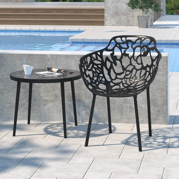 Leisure Mod Devon Aluminum Outdoor Dining Armchairs With Flower Design