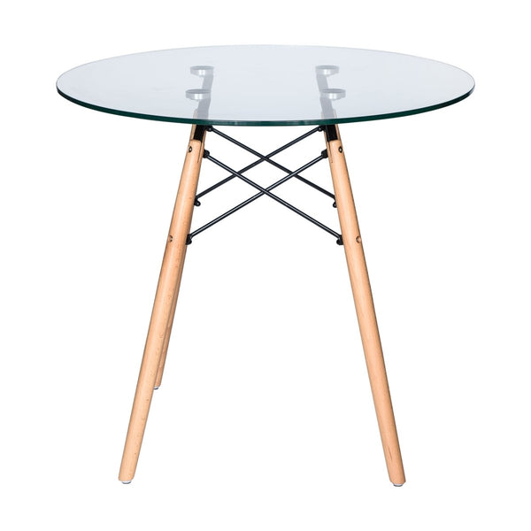 Leisure Mod Dover 31"/47" Round Bistro Dining Table With Glass/MDF Tabletop And Beech Wood Eiffel Base