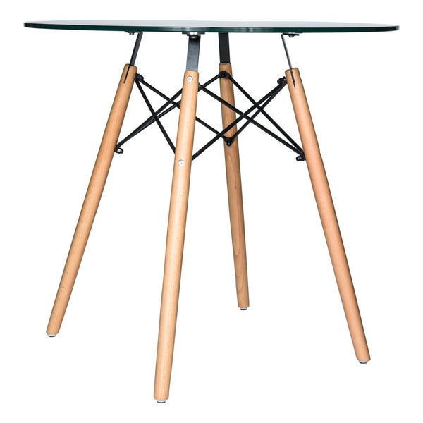 Leisure Mod Dover 31"/47" Round Bistro Dining Table With Glass/MDF Tabletop And Beech Wood Eiffel Base