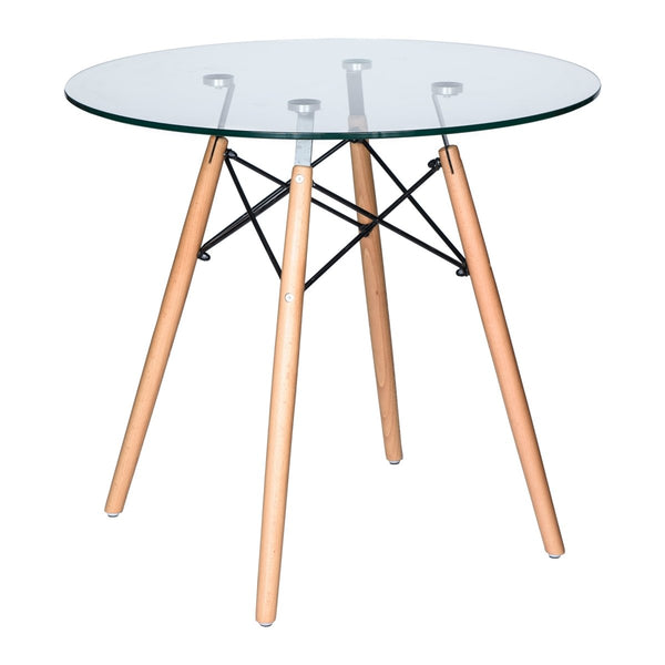 leisure mod Dover 31"/47" Round Bistro Dining Table With Glass/MDF Tabletop and Beech Wood Eiffel Base