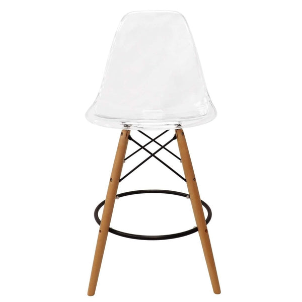 Leisure Mod Dover Mid-Century Modern Plastic Barstool With Beech Wood Legs For Kitchen And Dining Room
