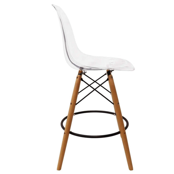 Leisure Mod Dover Mid-Century Modern Plastic Barstool With Beech Wood Legs For Kitchen And Dining Room