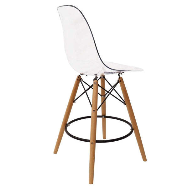 Leisure Mod Dover Mid-Century Modern Plastic Barstool With Beech Wood Legs For Kitchen And Dining Room