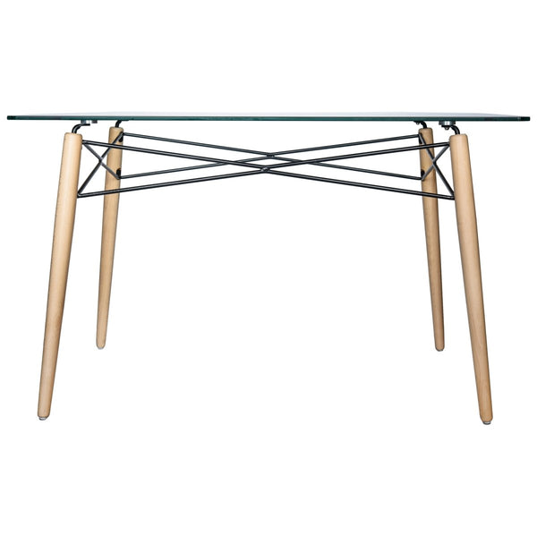Leisure Mod Dover Rectangle Dining Table With Glass Tabletop And Beech Wood Eiffel Base
