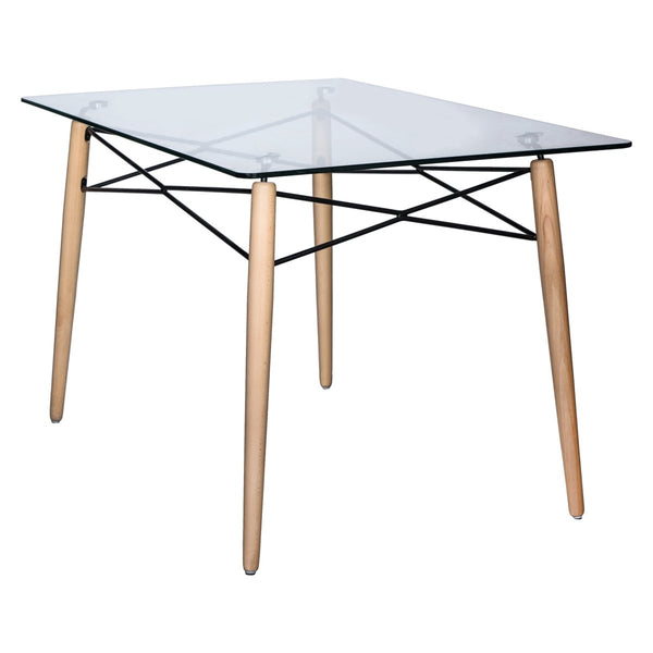 leisure mod Dover Rectangle Dining Table With Glass Tabletop and Beech Wood Eiffel Base