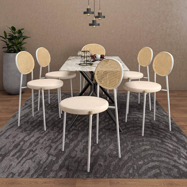 Leisure Mod Elega 7-Piece Dining Set With Rectangular Sintered Stone Table And 6 Velvet Side Chairs With Wicker Back