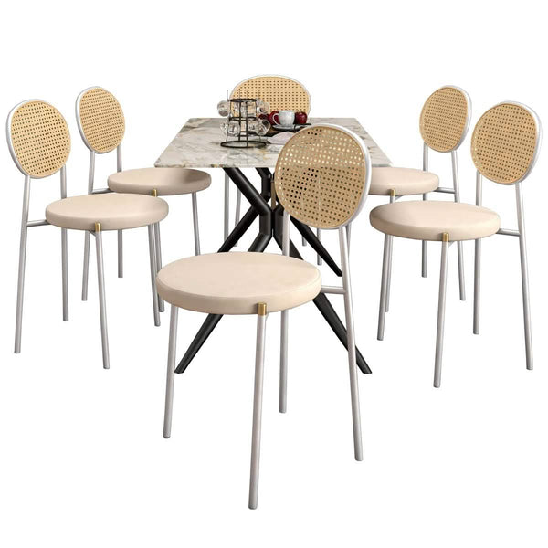 leisure mod Elega 7-Piece Dining Set with Rectangular Sintered Stone Table and 6 Velvet Side Chairs with Wicker Back