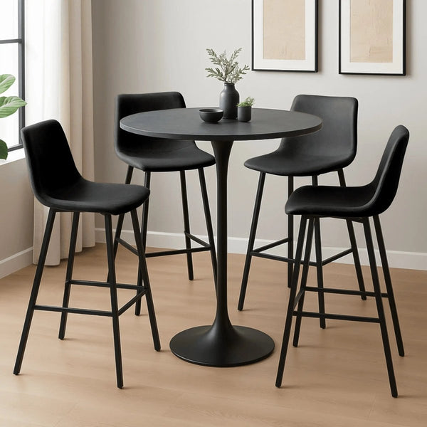 Leisure Mod Elland 5-Piece Bar-Height Dining Set With Round MDF Bar Table And Leather Bar Stools