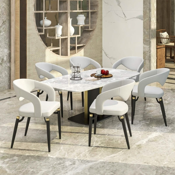 Leisure Mod Entice Dining Chairs Upholstered Leather Seat And Curved Back In Black Iron Legs