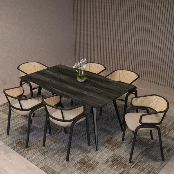 Leisure Mod Ervilla Leather Dining Armchair In Black/White Stainless Steel Base With Wicker Back