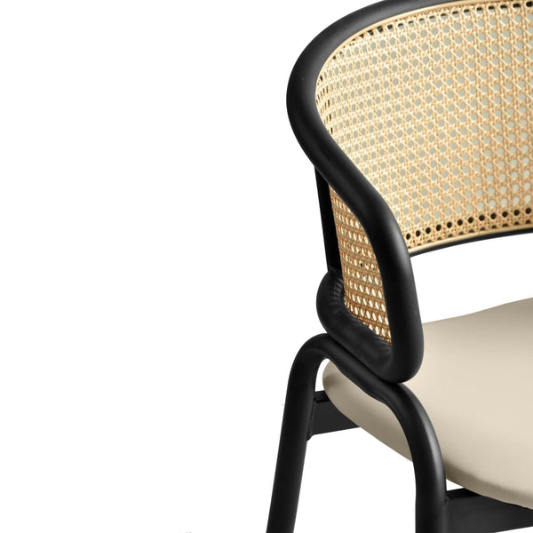 Leisure Mod Ervilla Leather Dining Armchair In Black/White Stainless Steel Base With Wicker Back